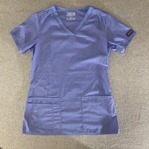 Cherokee Workwear Womens Blue V-Neck Scrub Top Rib Knit Panels WW645 Small